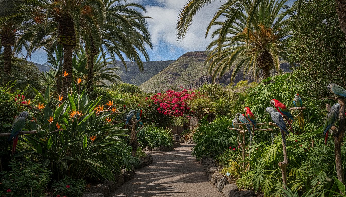 Lush subtropical garden path with tall palms and tropical flowers in a Tenerife park