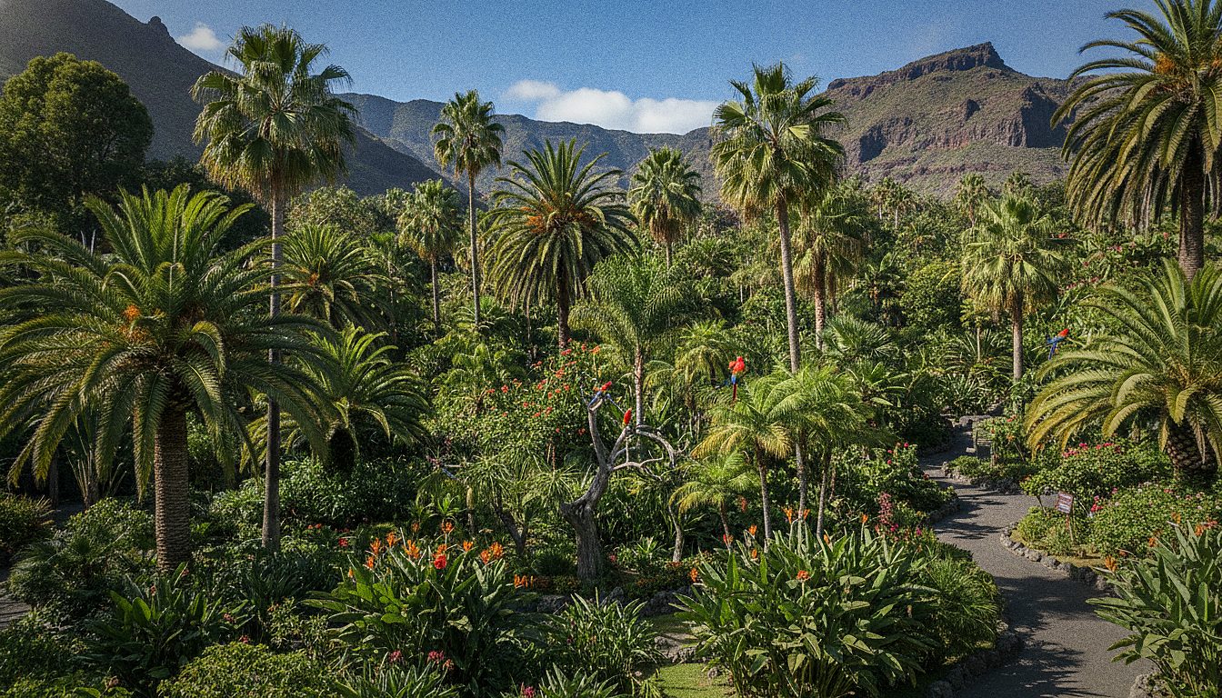 Subtropical park garden in Tenerife with dense palms and flowering plants under a bright sky